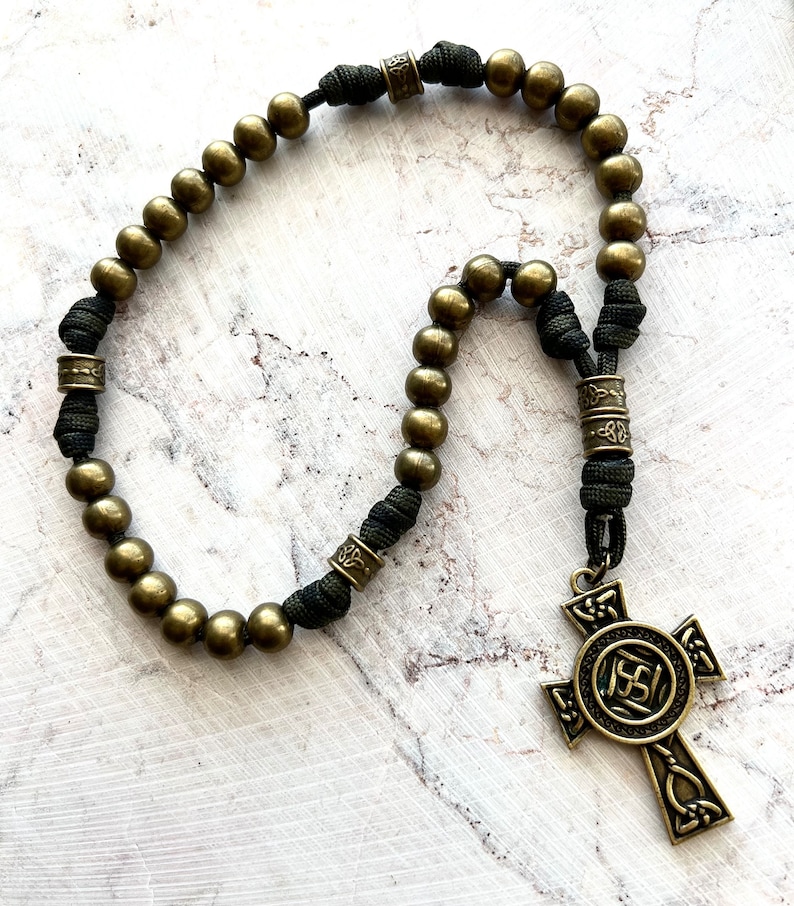 All Metal Bronze Finish Anglican Rosary. Double Sided Celtic Cross. 10mm Metal Beads. Metal Cruciform Beads. #550 Paracord image 3