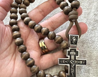 Stainless Steel Eastern Orthodox Crucifix. 50 Count 12mm Walnut Brown Wood Beads. #550 Paracord