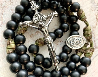 Stainless Steel Crucifix Catholic Rosary. Acrylic 12mm Black Matte Beads. Your choice of Saint Medal. #550 Paracord.