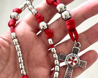 All Stainless Steel Miniature 9.5” Crusader Templar Anglican Rosary. 6mm Beads. 10mm Cruciform Beads. Stainless Steel Red Crusader Cross.