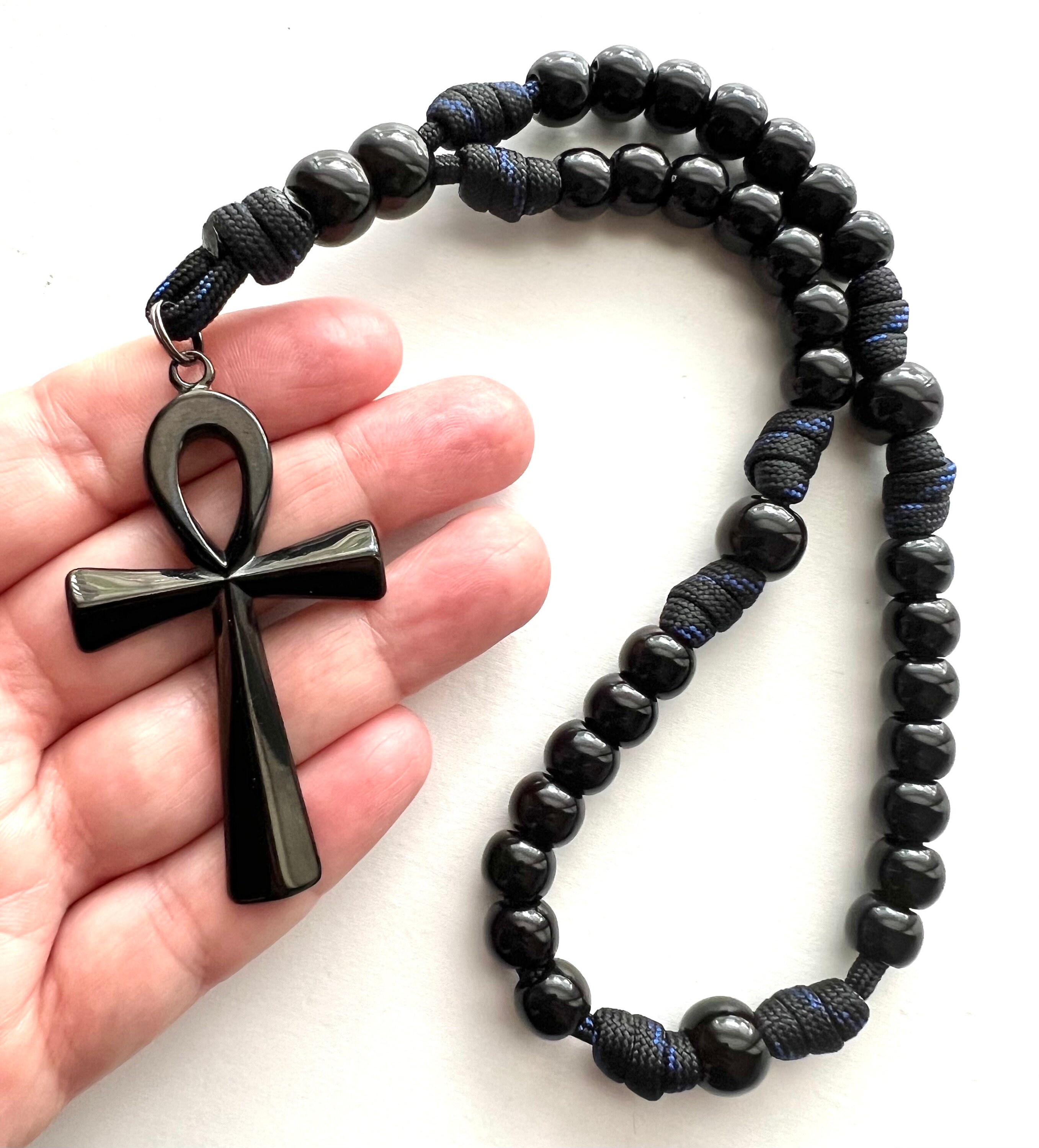 Stainless Steel Cross Ankh Egyptian Anglican Rosary. Black Gloss