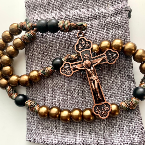 12 Apostles Anglican Rosary. Large Metal Cross. 12mm ABS Plastic Brown Gloss Beads. Black Matte Cruciform Beads. (550 Paracord)