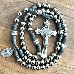 Thick St. Benedict Crucifix, All Metal Catholic Rosary. 10mm Beads. Cross Design Our Father Beads. Your choice of Saint Medal. #550 Paracord