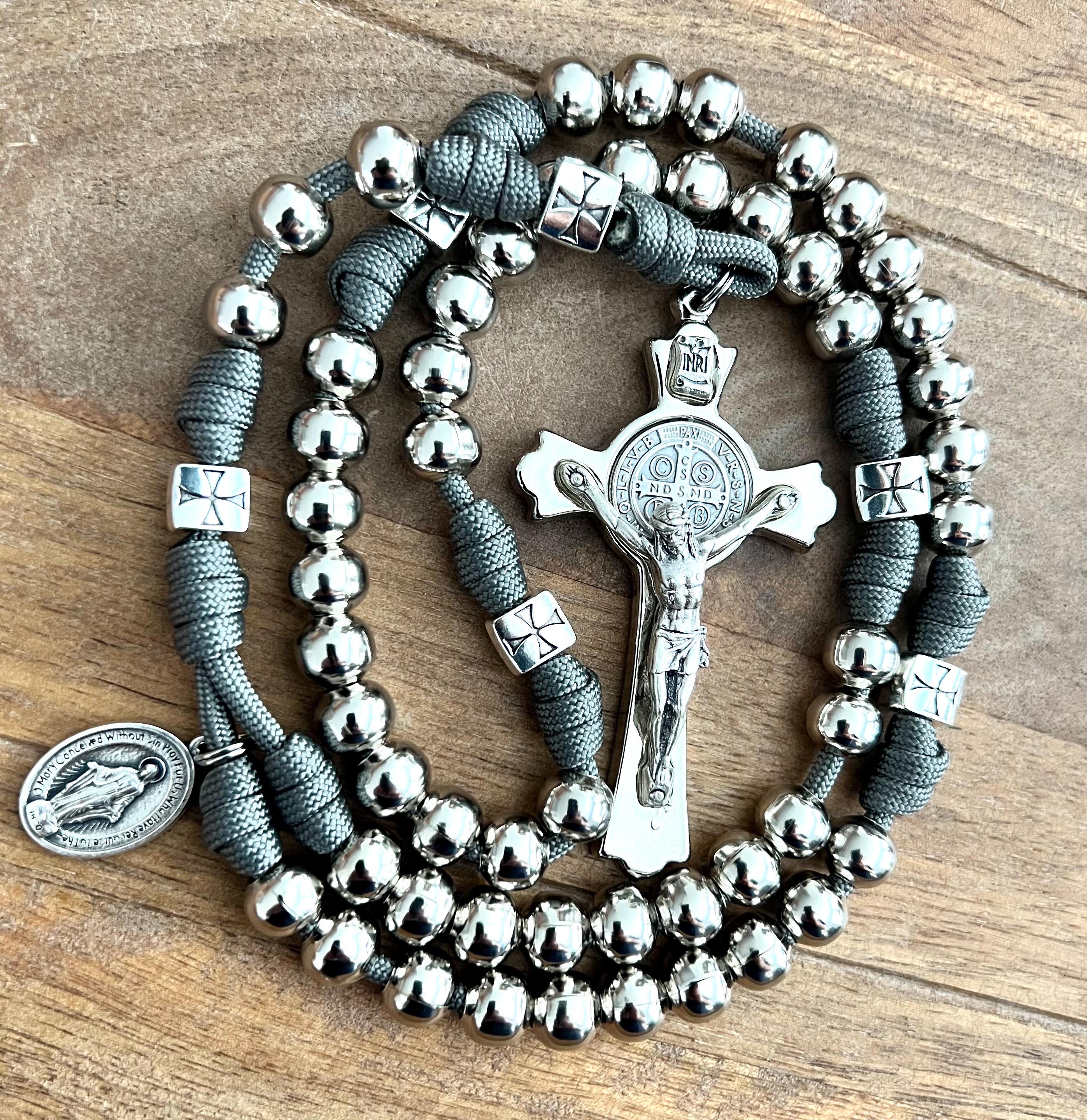 Thick St. Benedict Crucifix, All Metal Catholic Rosary. 10mm Beads