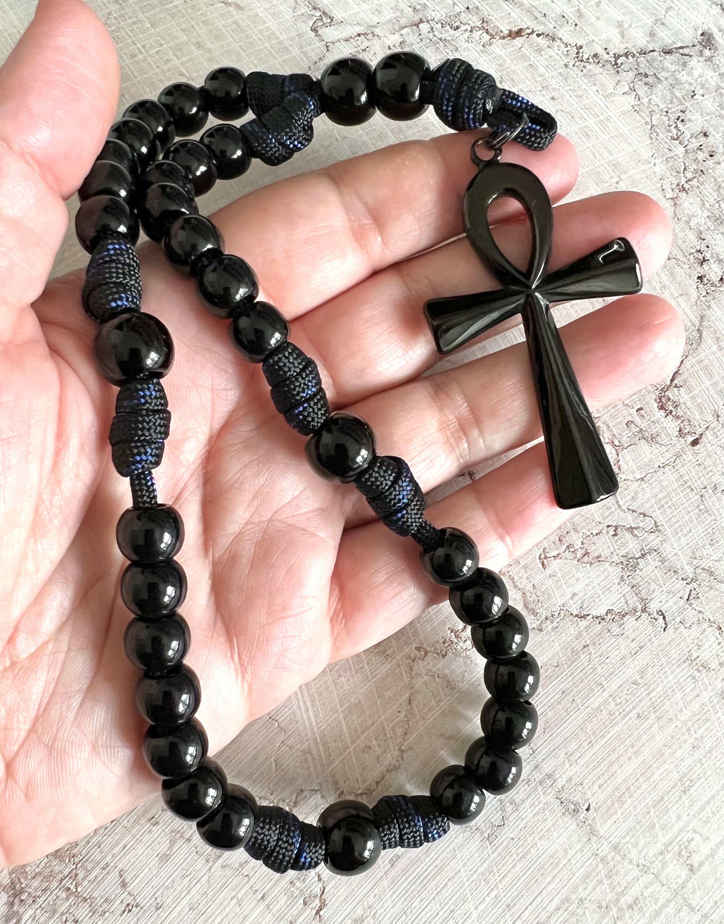 Stainless Steel Cross Ankh Egyptian Anglican Rosary. Black Gloss
