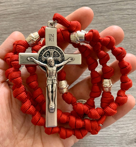 Red St. Benedict Knotted Catholic Rosary Rope With 3 Crucifix. Metal Alloy  Our Father Beads. Your Choice of Saint Medal 550 Paracord 