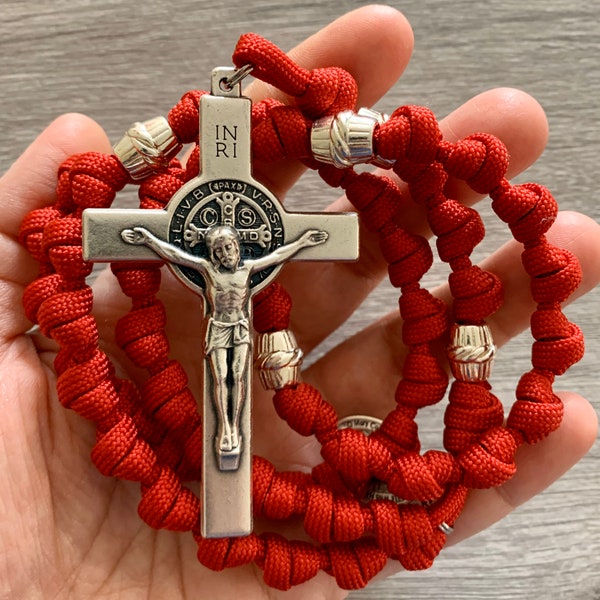 Red St. Benedict Knotted Catholic Rosary Rope with 3” Crucifix. Metal Alloy Our Father Beads. Your choice of Saint Medal #550 Paracord
