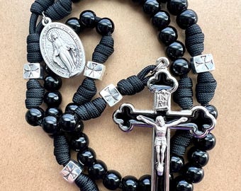 Black Catholic Rosary with Miraculous Medal. 10mm Acrylic Beads. Metal Cross Our Father Beads. Large Crucifix. #550 Paracord.