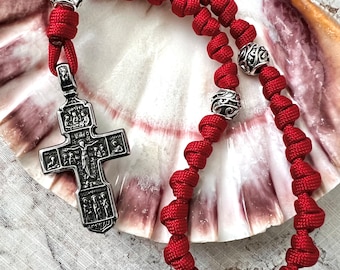 Stainless Steel Orthodox Cross Anglican Rosary Rope. Metal Alloy 12mm Cruciform Beads. Red #550 Paracord.