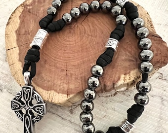 All Metal Gunmetal Finish Anglican Rosary w/Stainless Steel Cross. 10mm Metal Beads. Metal Cruciform Beads. Black #550 Paracord