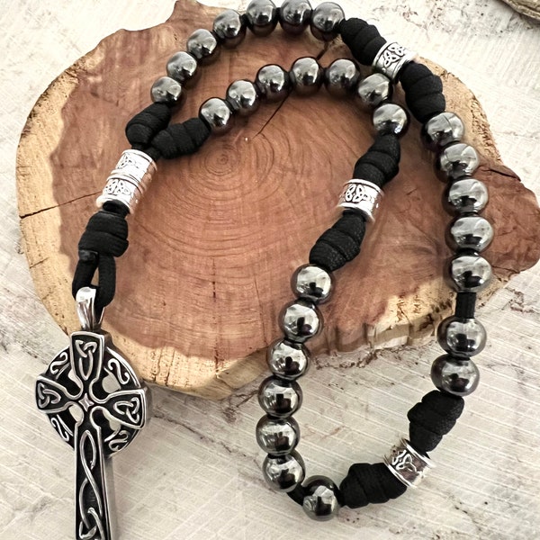 All Metal Gunmetal Finish Anglican Rosary w/Stainless Steel Cross. 10mm Metal Beads. Metal Cruciform Beads. Black #550 Paracord