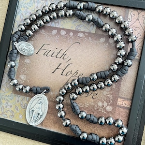 Metal Seven Sorrows Gunmetal Finish Rosary. 10mm Metal Beads. Large Silver Miraculous Medal. Added Lady of Sorrows Medal.