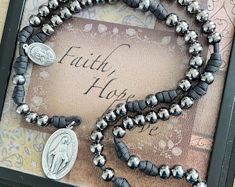 Metal Seven Sorrows Gunmetal Finish Rosary. 10mm Metal Beads. Large Silver Miraculous Medal. Added Lady of Sorrows Medal.