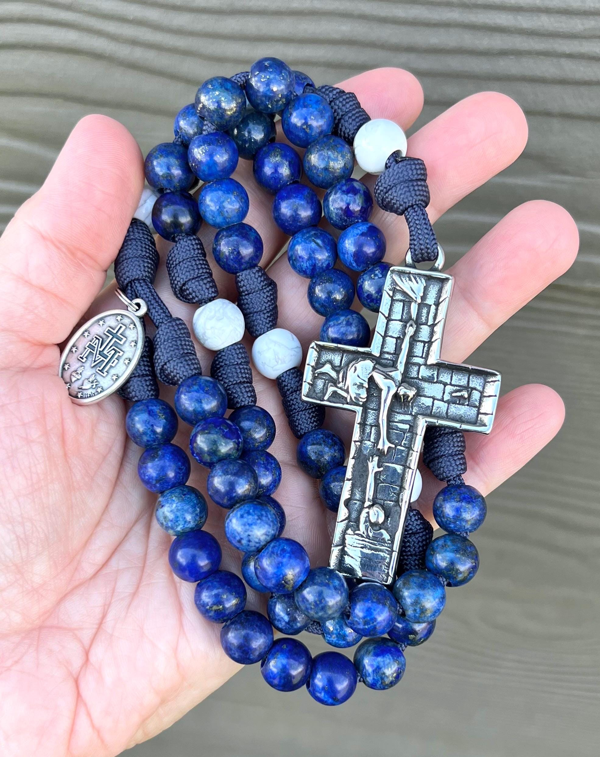 Lapis Lazuli Stone Catholic Rosary. Stainless Steel Savior Cross