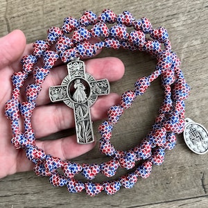 Divine Mercy Knotted Catholic Rosary Rope w/choice of Saint Medal. Metal Cross. All #550 Paracord