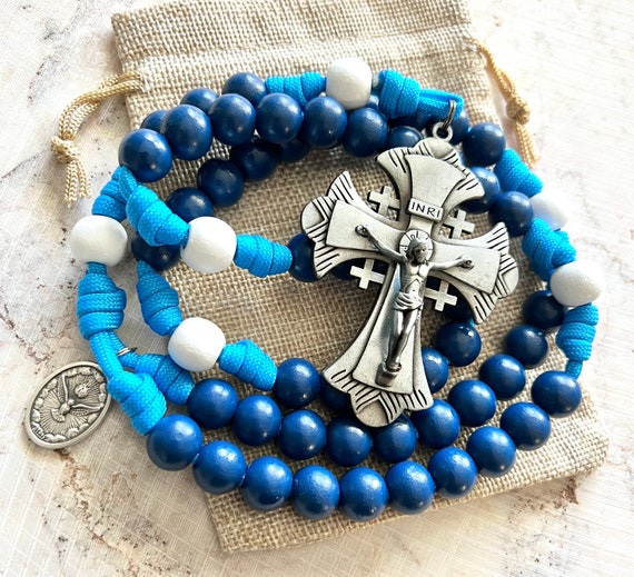 Jerusalem Catholic Rosary. 12mm Blue Wood Beads. Large Metal Jerusalem Catholic Rosary. 12mm Blue Wood Beads. Large Metal