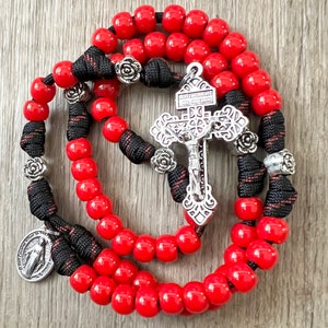 Deep Red Pardon CrucifIx Catholic Rosary. 10mm Acrylic Beads. Metal Rose Shape Our Father Beads. Your choice of Saint Medal. #550 Paracord