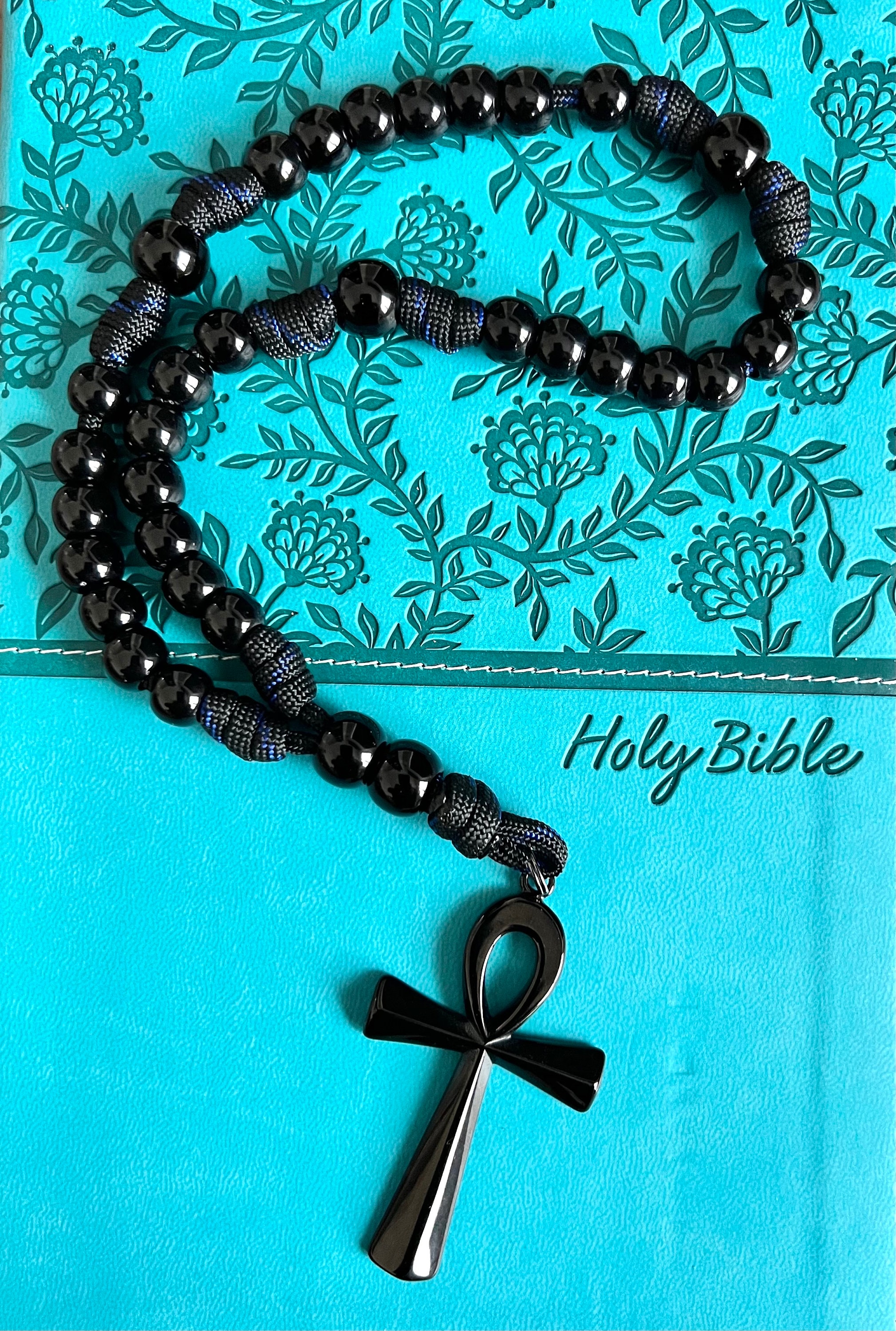 Stainless Steel Cross Ankh Egyptian Anglican Rosary. Black Gloss