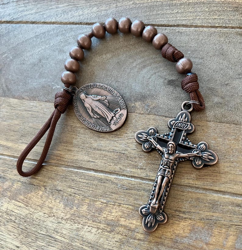 Copper Finish Miraculous Mary One Decade Catholic Rosary. Metal 10mm Beads. Brown #550 Paracord. image 5