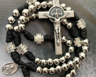 Silver St. Benedict Catholic Rosary. 10mm Metal Beads. Metal Cross Design Our Father Beads. Your choice of Saint medal. #550 Paracord