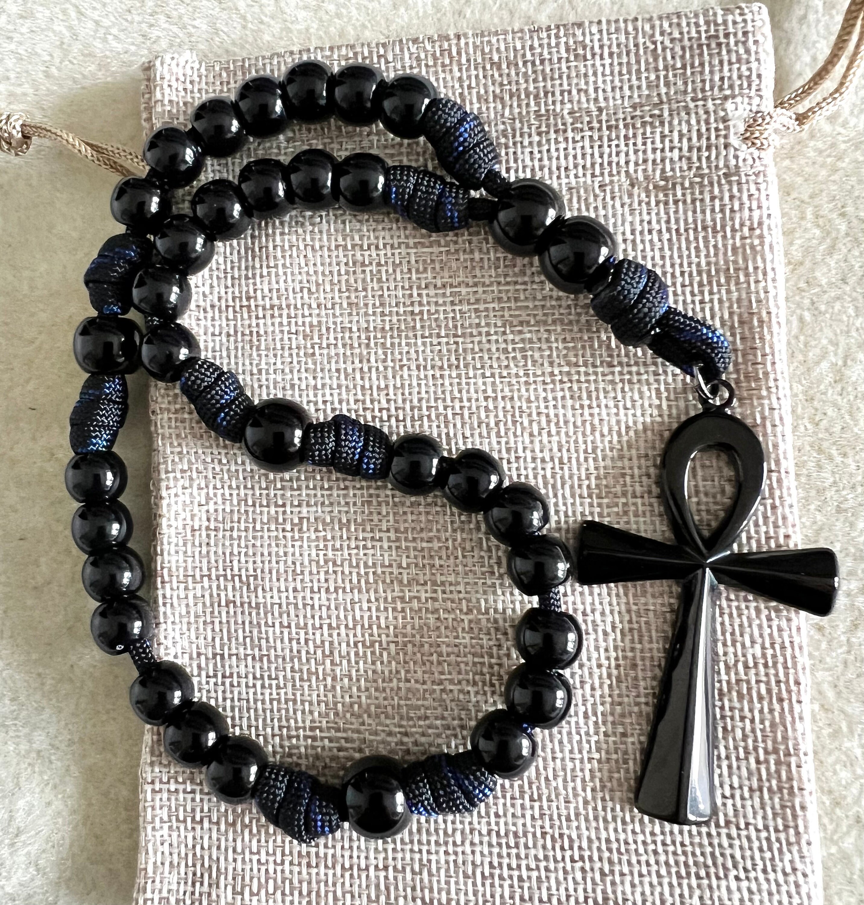 Stainless Steel Cross Ankh Egyptian Anglican Rosary. Black Gloss