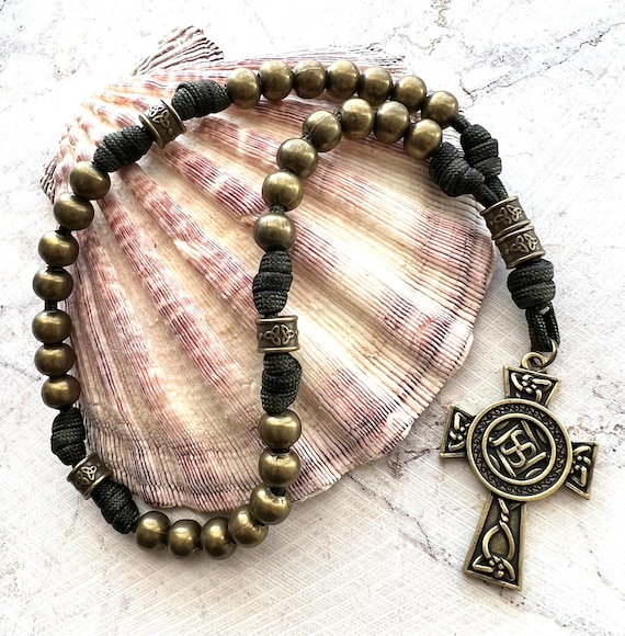 All Metal Bronze Finish Anglican Rosary. Double Sided Celtic Cross. 10mm Metal Beads. Metal Cruciform Beads. #550 Paracord