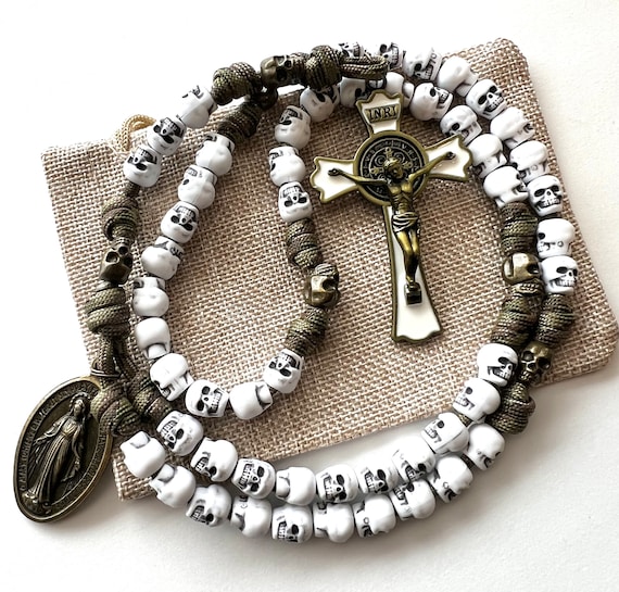 St. Benedict Memento Mori Catholic Rosary. 11mm White Skull Beads