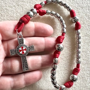Miniature 9” Crusader Templar Red Cross Anglican Rosary. 6mm Stainless Steel Beads. 10mm Stainless Steel Cruciform Beads. Metal Alloy Cross.