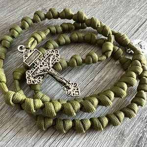 Moss Knotted Catholic Rosary Rope with Silver Pardon Crucifix. Choice of Saint Medal. #550 Paracord