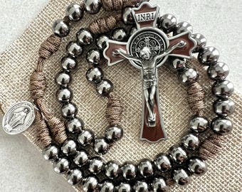 Brown St. Benedict Catholic Rosary with Gunmetal Finish Metal 10mm Beads. Knots for Our Fathers. Your choice of Saint Medal. #550 Paracord.