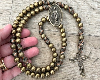 Bronze Finish Metal Catholic Rosary w/10mm Metal Alloy Beads. Bronze Metal Our Father Beads. Added Large Miraculous Medal. #550 Paracord.