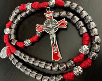 Red St. Benedict Catholic Rosary with 12mm CCB Gunmetal Barrel Beads. Metal Alloy Our Father Beads. Your Choice of St Medal. (550 Paracord)