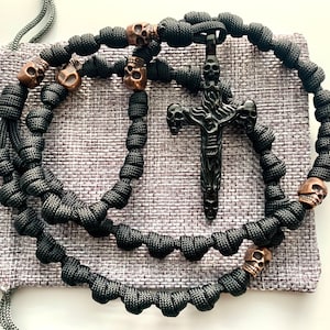 Memento Mori Skull Catholic Rosary Rope. Metal Copper Finish Skull Our Father Beads and Skull Stainless Steel Cross. (550 Paracord)