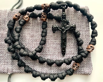 Memento Mori Skull Catholic Rosary Rope. Metal Copper Finish Skull Our Father Beads and Skull Stainless Steel Cross. (550 Paracord)