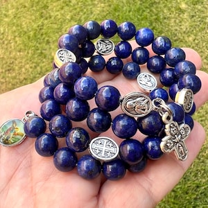 Lapis Lazuli Natural Stone Rosary Bracelet with Stainless Steel Memory Wire. Four Way Cross, Mary/Jerusalem Our Fathers & St. Michael Charm