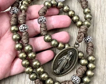 All Metal Seven Sorrows Bronze Rosary. 10mm Beads. Cross Our Father Beads. Large Miraculous Medal. Lady of Sorrows Medal. #550 Paracord