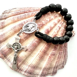 One Decade Catholic Rosary w/12mm Black Acrylic Beads. Saint Benedict Cross and Miraculous Medal Centerpiece. #550 Paracord