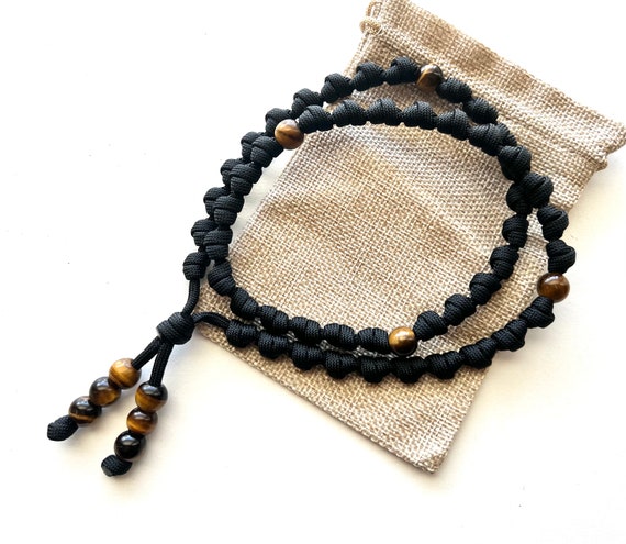 Black Eastern Orthodox Prayer Rope Chotki 50 Count Barrel Knots. Tiger’s Eye Natural Stone Spacer Beads. #550 Paracord