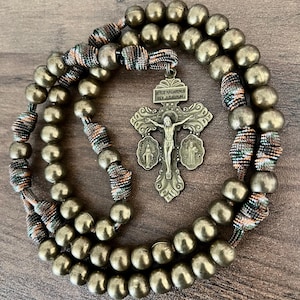 Bronze Finish Triple Threat Pardon Crucifix Catholic Rosary. 10mm Metal Alloy Beads. Bronze Metal Our Father Beads. #550 Paracord.