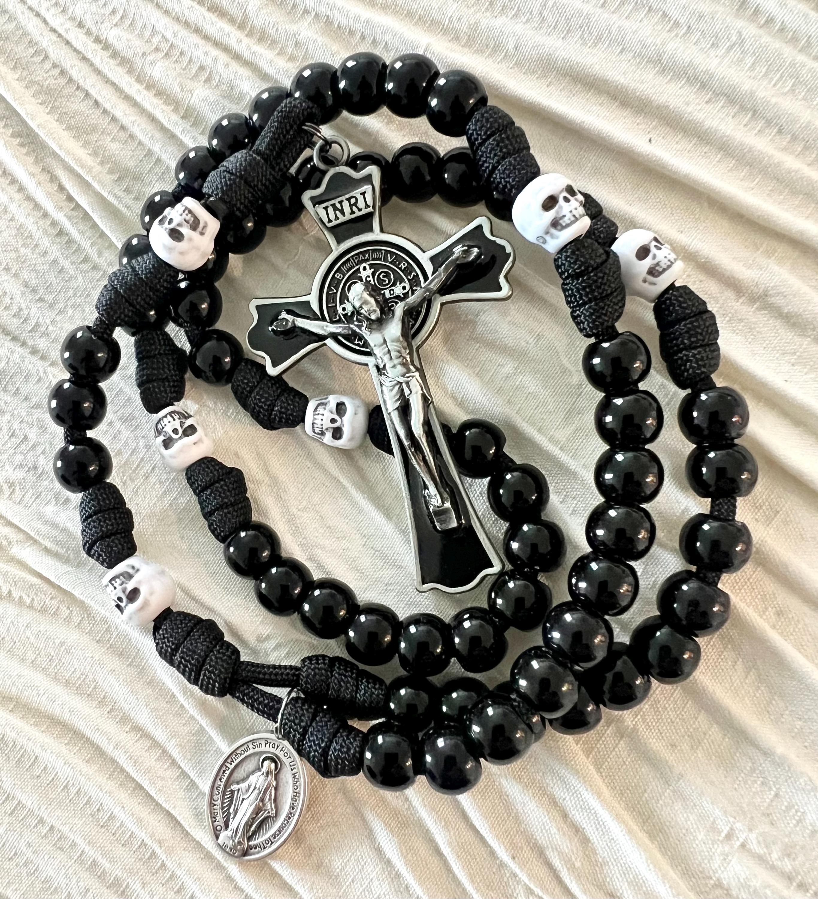 Skull Catholic Rosary Memento Mori. Acrylic Black Gloss 10mm Beads