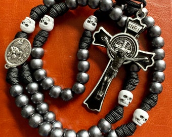 Skull Catholic Rosary Memento Mori w/Black to Gray CCB Plastic 10mm Matte Beads. Your choice of Saint Medal. #Black 550 Paracord.