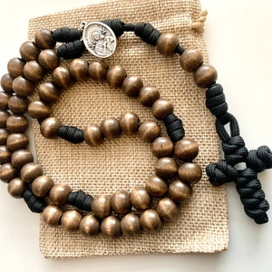 Wood & Rope Catholic Rosary. 12mm Round Walnut Brown Beads. Your choice of Saint Medal. Black #550 Paracord