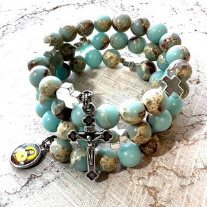 Pagodite Stone Rosary Bracelet w/Stainless Steel Memory Wire. Italian Made Cross, Hematite Cross Our Fathers and Sacred Heart of Jesus Charm