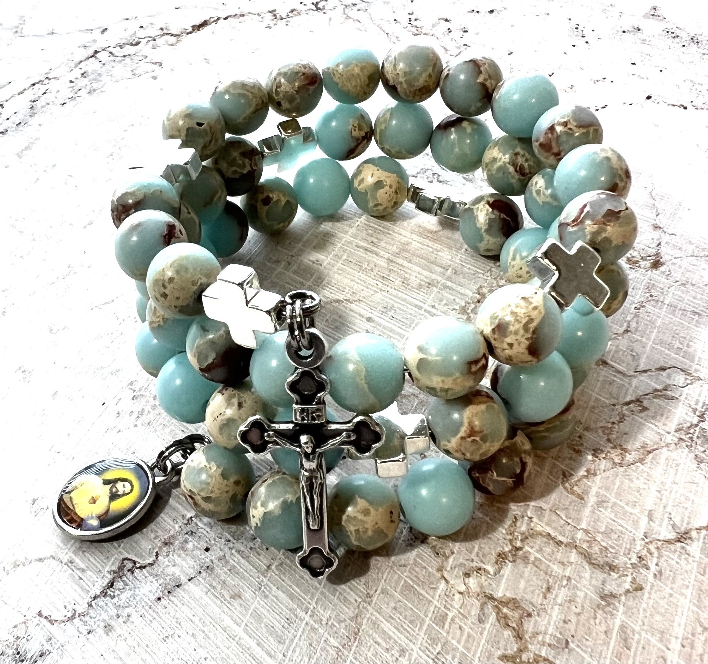 Pagodite Stone Rosary Bracelet w/Stainless Steel Memory Wire. Italian Made Cross, Hematite Cross Our Fathers and Sacred Heart of Jesus Charm