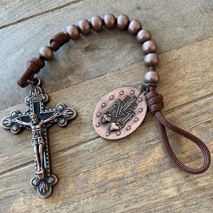 Copper Finish Miraculous Mary One Decade Catholic Rosary. Metal 10mm Beads. Brown #550 Paracord. image 2