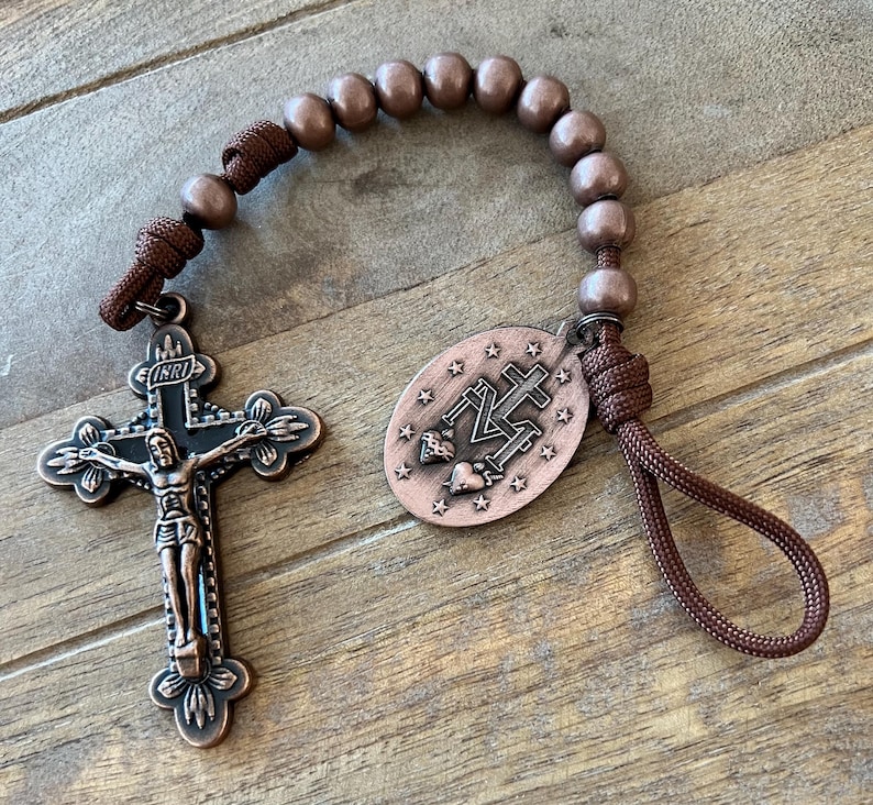 Copper Finish Miraculous Mary One Decade Catholic Rosary. Metal 10mm Beads. Brown #550 Paracord. image 2