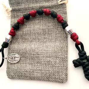 Irish Penal Rosary One Decade. Two sets of Paracord. Your Choice of Saint Medal. Black & Burgundy #550 Paracord.