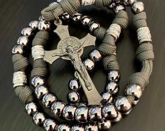 Miniature 15” Gunmetal St. Benedict Catholic Rosary. ABS Plastic 8mm Beads. Metal Our Father Beads. (Paracord)
