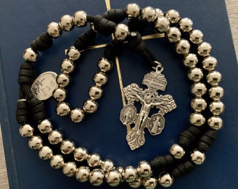 Silver Triple Threat Pardon CrucifIx Catholic Rosary w/10mm Silver Finish Metal Beads, your choice of Saint medal. (Paracord)