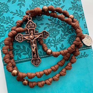 12 Apostles Brown Catholic Rosary Rope w/Metal Copper Finish Our Father Beads. Large Crucifix. Your choice of Saint Medal (550 Paracord)